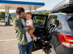 Family stop at the gas station