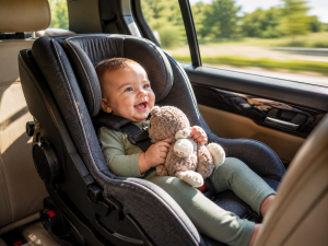 Smiling baby in a cozy car seat
