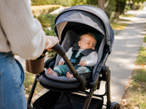 Baby in stroller on a park path