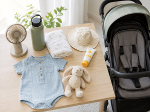 Baby outing essentials flat lay