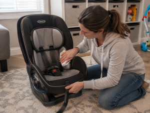 Cleaning a child's car seat indoors