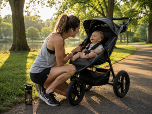 Morning stroll with baby in park