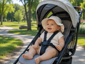 Smiling baby in stroller at park