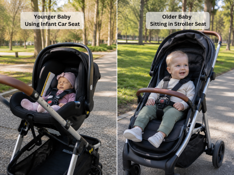 When can a baby sit in a stroller with no car seat